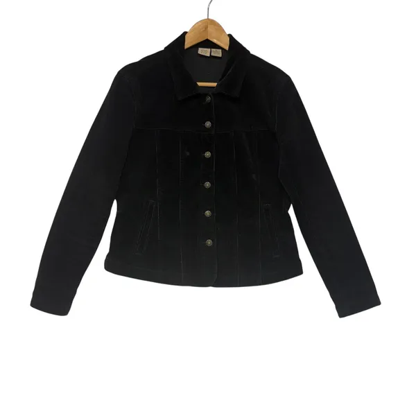 Black Corduroy Button Up Trucker Cotton Jacket Moto Edgy Comfy Streetwear Size M - Image 2