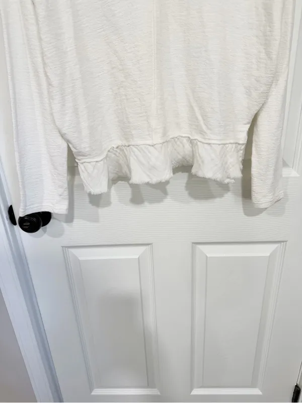 Anthropologie Pilcro Cream Coastal Boho Cotton Ruffle Hem Organic Modern V-Neck Small Shirt - Image 6