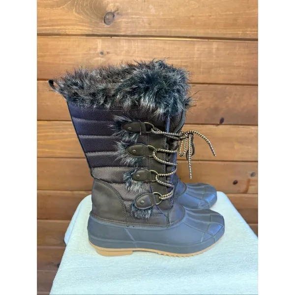Khombu Kandice Tall Lace-up Faux Fur Winter Snow Boots Sz 10 Brown/gray - Image 2