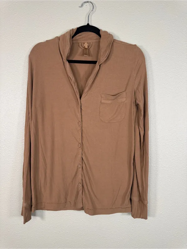 Skims Brown Ribbed PJ Pajamas Top Shirt Womens XS Button Down Casual Cozy Sleep - Image 10