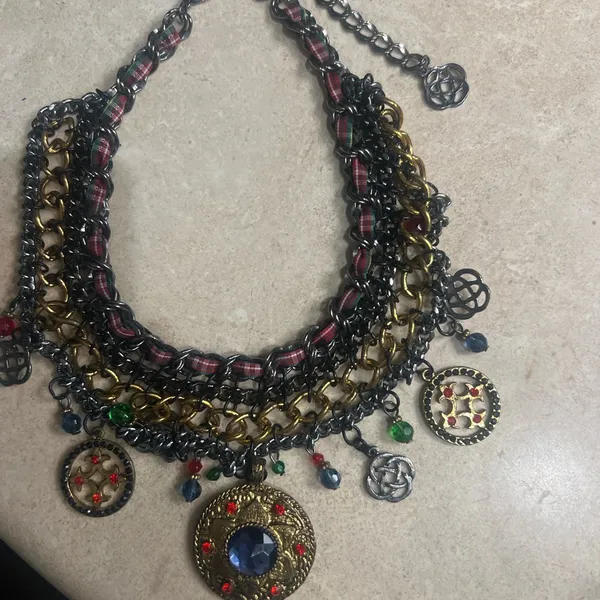Artisan Boho Statement Necklace Celtic Knot CharmPlaid Ribbon Medallion vintage - Image 2
