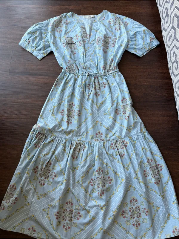 Loft Light Blue Floral Maxi Dress with Puff Sleeves - Image 2