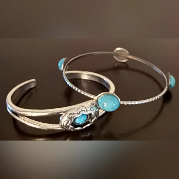 Silver Turquoise Cuff Bracelet Set | Southwestern Boho Stackable Bangles Blue - Image 3