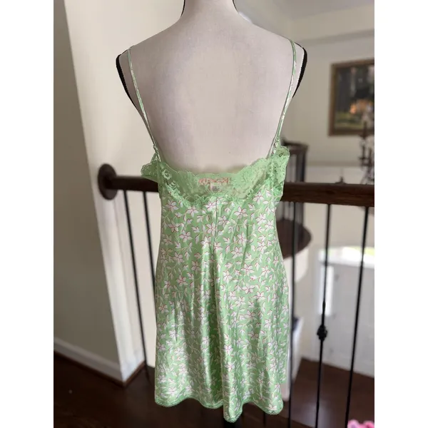 Y2K Victorias Secret Light Green Pink Floral Lace Knee Length Slit Slip - Image 7