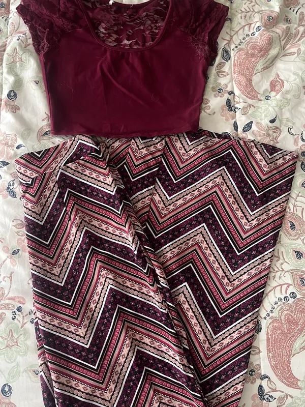 Women's High-Waist Wide-Leg Chevron Pants - Burgundy Pattern - Image 2