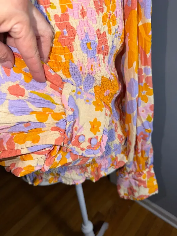 Free People 100% Cotton Floral Smocked Puff-Sleeve Top in Lavender & Orange - Image 5