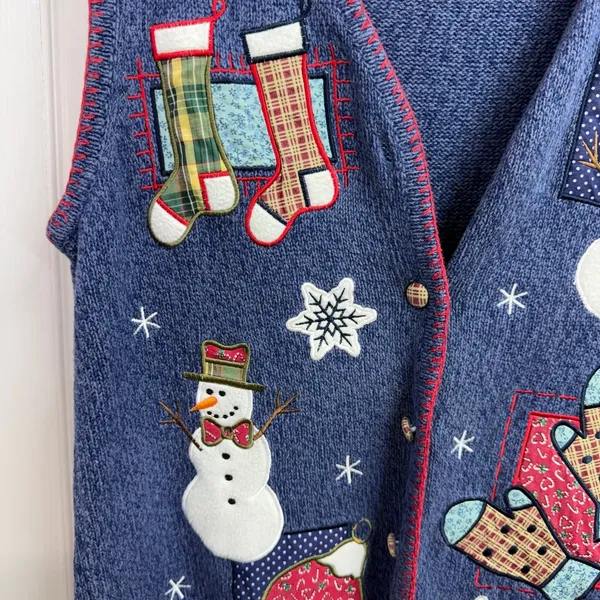 Vintage Crystal Kobe blue knit patchwork button down sweater vest Christmas M Size M - Image 3