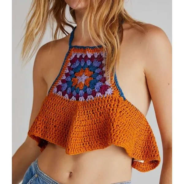New Sz Large L Free People Bella Crochet Cropped Crop Halter Tank Top Shirt Boho - Image 3