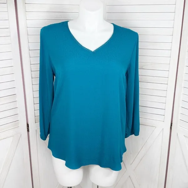 Fortune + Ivy Cutout Back Tie Eyelet Trim Blouse Teal‎ Blue Size Large - Image 3