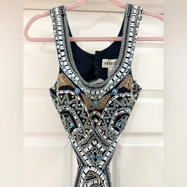 Sherri Hill 50297 Beaded Top Cutout Mermaid Formal Prom Gown Navy Blue Sz 4 - Image 7