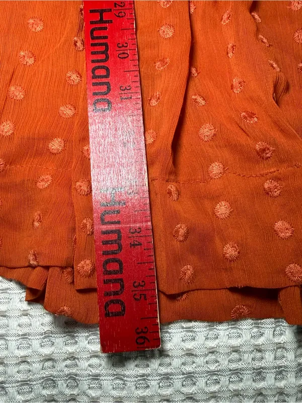 Anthropologie Fall Orange Polka V-Neck Short Sleeve Smocked Waist Short Dress L - Image 9