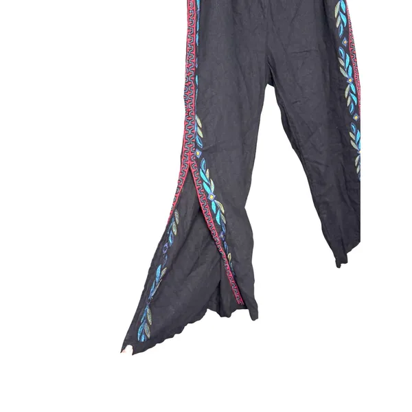 Johnny Was JW Los Angeles Pull On Black Embroidered Wide Leg Linen Pants Size 2X - Image 4