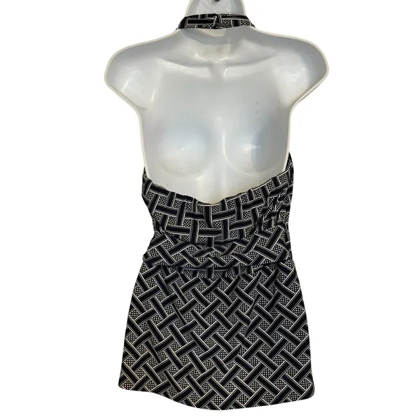 WHITE HOUSE BLACK MARKET Navy White Geometric Halter Wrap Top Silver Ring Size M - Image 7