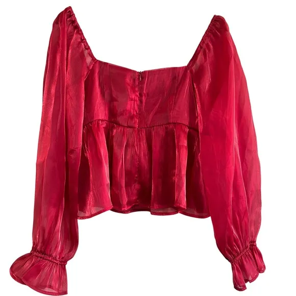 Lulus Red Organza Puff Sleeve Peplum Top Square Neck Shimmer Blouse Large‎ - Image 6