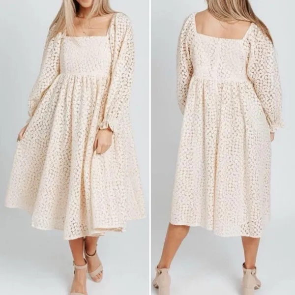 Storia Floral Lace Midi Dress Cream Long Sleeve Square Neck Fit Flare Medium - Image 7