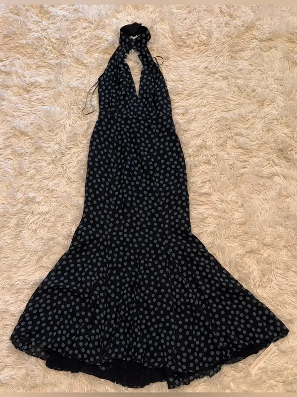NEW REFORMATION Noele Maxi halter Dress blue Black polka dot sz 2 - Image 4