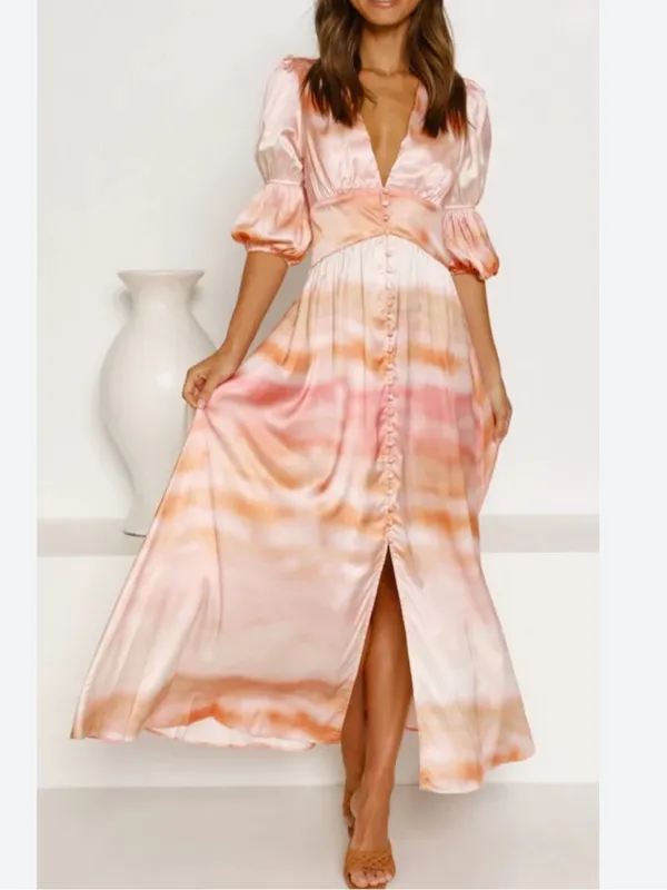 Petal & Pup Alton Pink Orange Dip Tie Dye Puff Sleeve Satin Midi Dress Size XL - Image 2