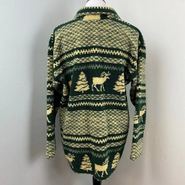 Vintage 90s Womens Fair Isle Moose Christmas Fleece Shirt Jacket Shacket Medium - Image 5