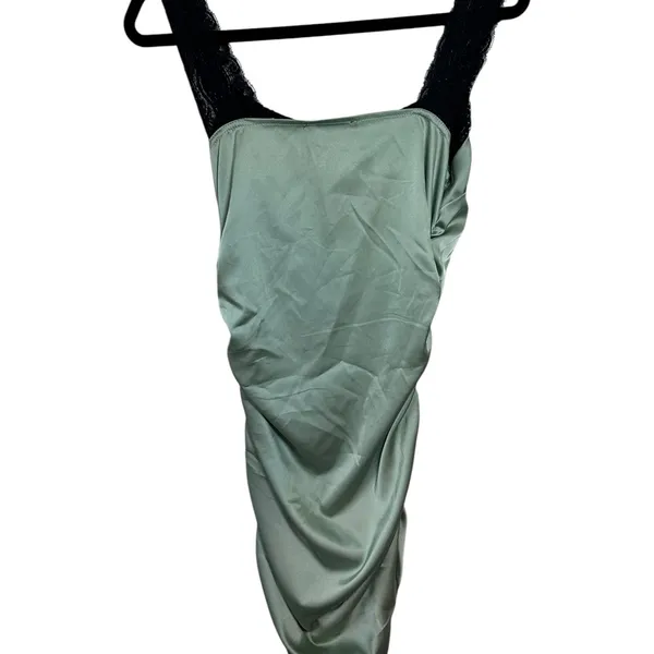 Cider Light Green with Black Lace‎ Shoulder Straps Slip Dress Side Rouching SZ M - Image 3