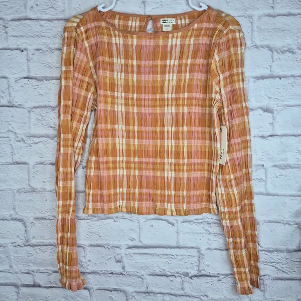 NWT Billabong Check Me Out Crop Top Plaid Smocked Long Sleeve Sunburnt Orange L - Image 3