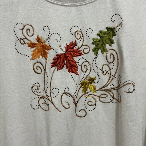 🍂 Cozy Fall Multicolor Leaf Embroidered Sweatshirt with Bead Embellishments 🍁 L - Image 11