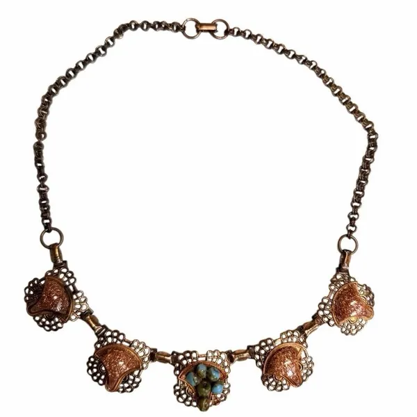 Vintage Copper Filigree Necklace w Goldstone & Turquoise tone Beads - Image 8