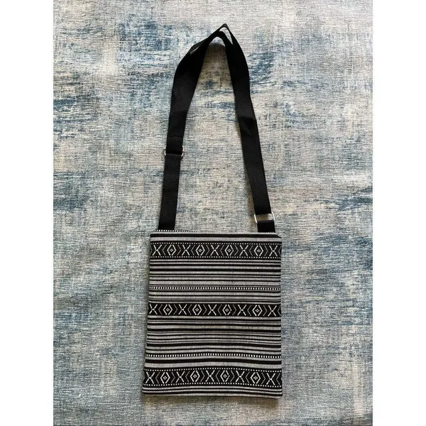 White Black Rose Flower Skull Cotton Canvas Two Pocket Crossbody Shoulder Pouch - Image 2