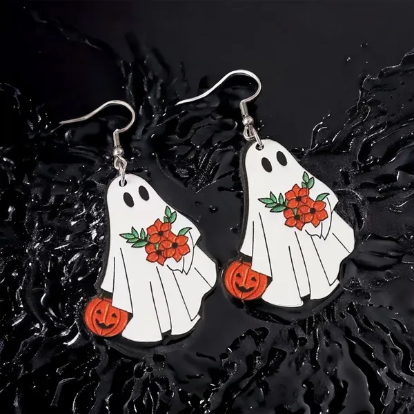 White Ghost Pumpkin Pattern Dangle Halloween Earrings‎ Wooden Jewelry - Image 4