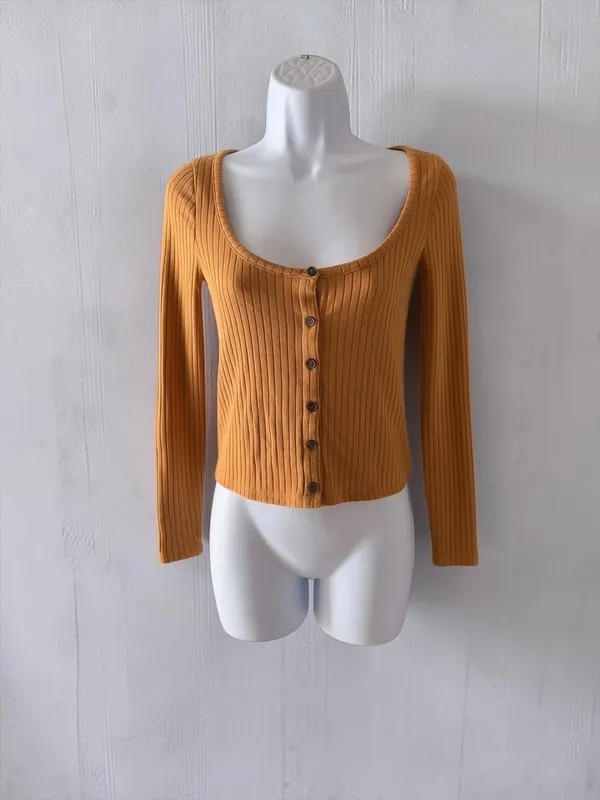 Madewell- Ribbed Button-Front Long Sleeve Crop Top Size XS - Image 5