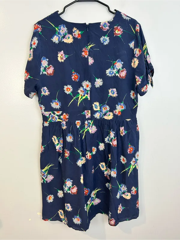 Madewell Blue 100% Silk Button-Front Short Tie-Sleeve Floral Mini Dress Size 14 - Image 10