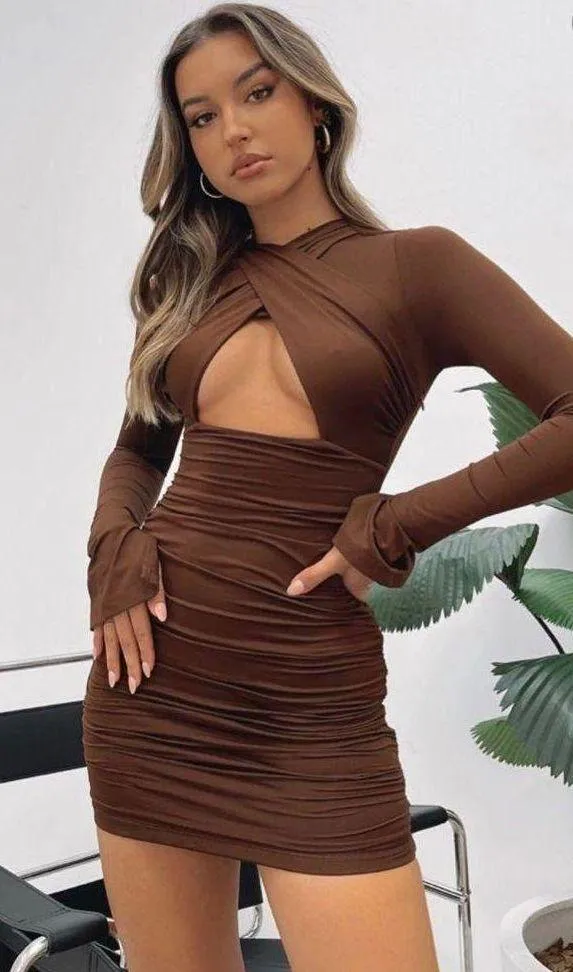 Whitefox Long Sleeve Mini Dress Chocolate - Image 2