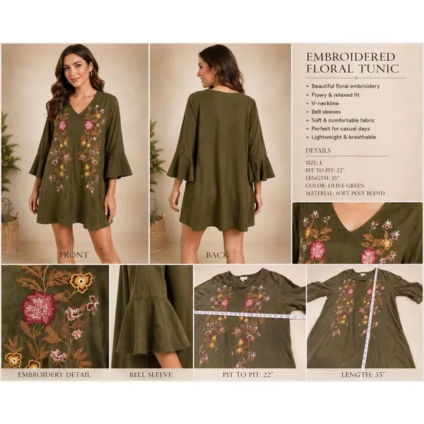 Umgee Boho Dark Green Floral Embroidered Faux Suede‎ Ruffle Sleeve Tunic Dress L - Image 2