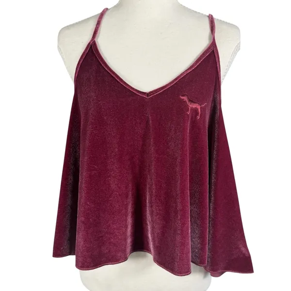 PINK Victoria's Secret Velvet Cami Womens M Burgundy Swing Spaghetti Strap Dog - Image 4