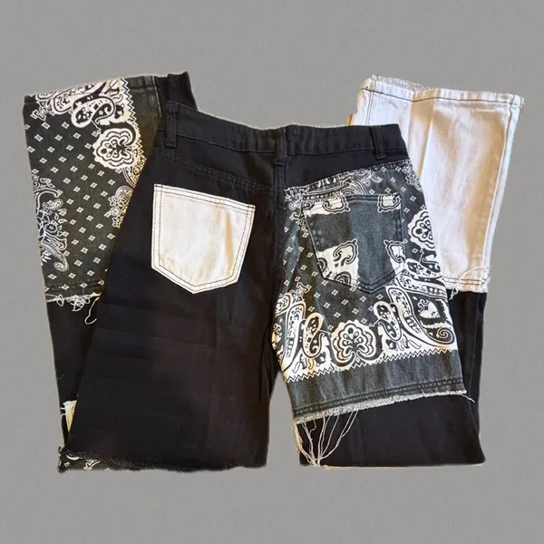 SHEIN Bandana Patchwork Colorblock Straight Leg Jeans Black White Small - Image 5
