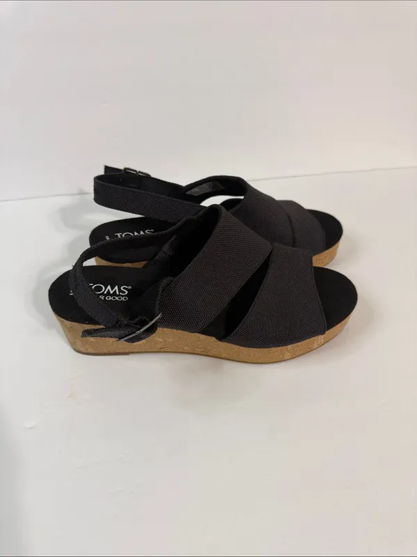 Toms Black Fabric Cork Wedge Sandals with Slingback - Image 3