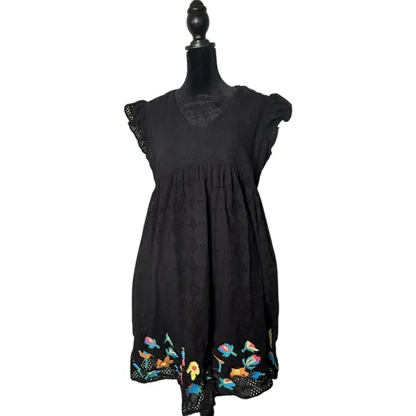 Black Eyelet Babydoll Embroidered Floral Mini Dress Size M Empire Waist Folk - Image 2