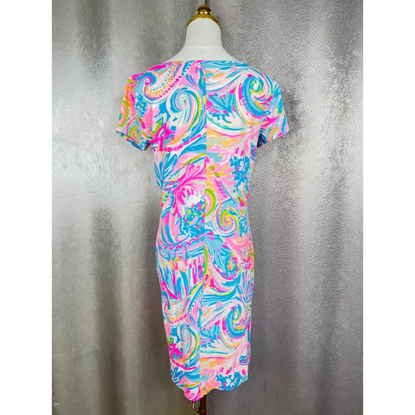 Lilly Pulitzer Pink Blue Floral Shift Dress Short Sleeve Knit Boat Neck Size M - Image 5