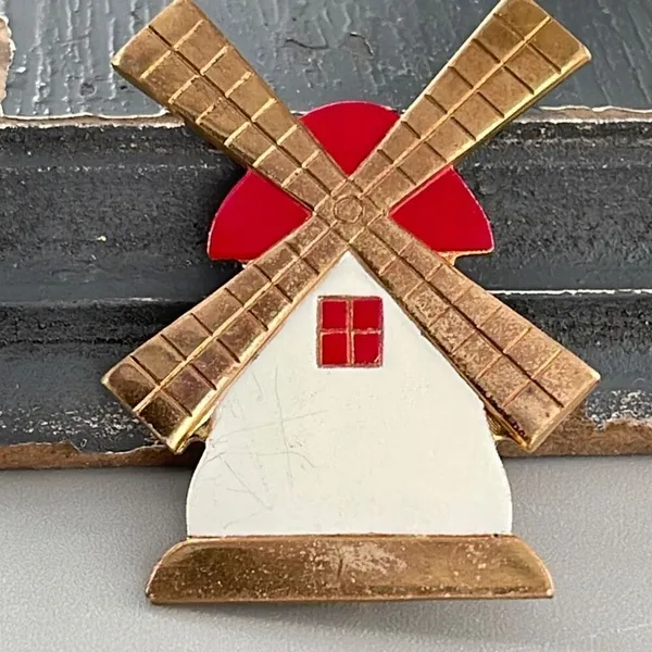 Vintage brass copper enamel windmill brooch. Red - Image 2