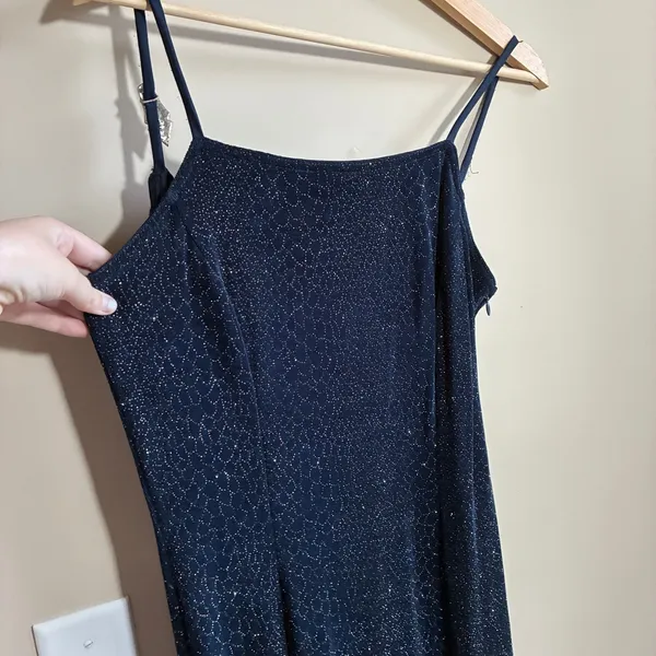 Bari Jay Vintage Formal Cowl Back Maxi Dress 7-8 Navy Women Glitter Rhinestone - Image 2
