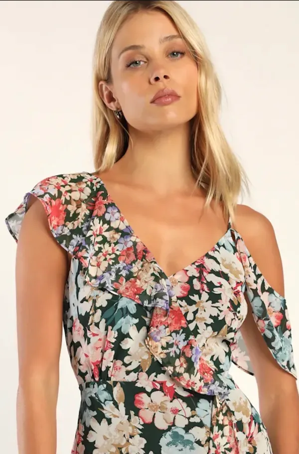 Lulus Radiant Hunter Green Floral Print Chiffon Maxi Dress - Image 3