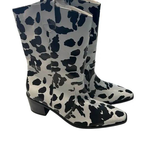 Cow Print Faux Leather Cowgirl Boots White Black Pointed‎ Toe Festival Size 9 - Image 4