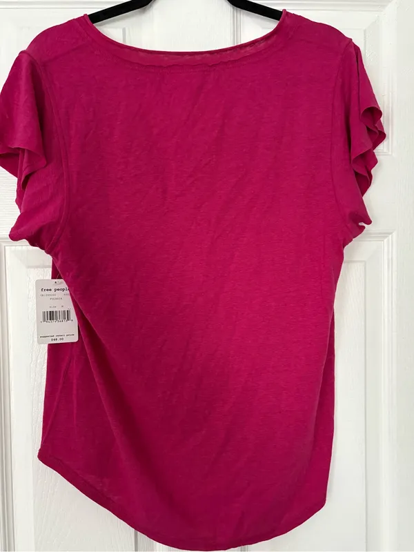 NWT Free People We The Free Fuchsia Flutter Sleeve V Neck Tee M - Image 3