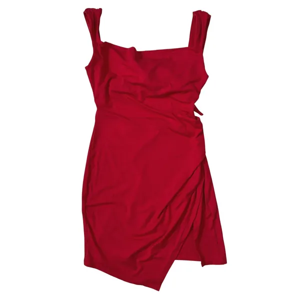 Halara Red Cowl Neck Open Back Ruched Asymmetrical‎ Mini Dress Medium NWT - Image 3