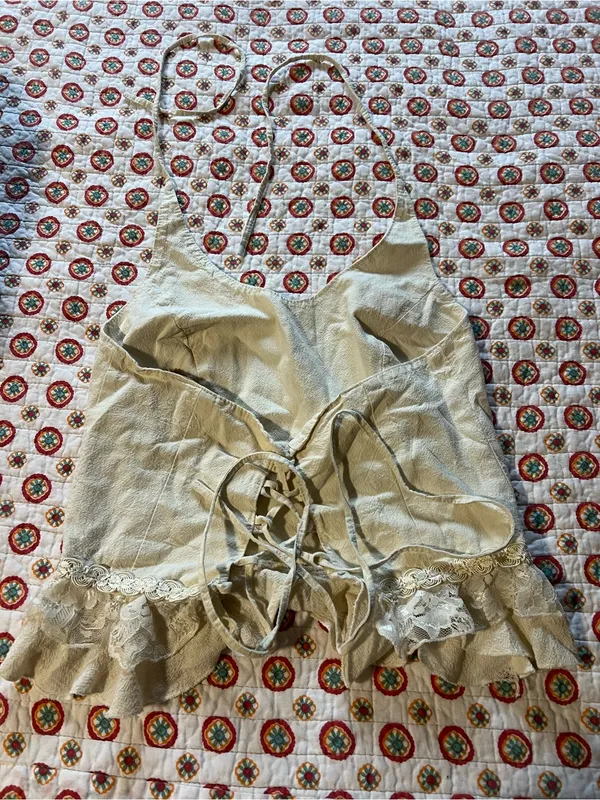 EUC Mexico Lindo 100% Cotton Beige Halter Crop Top size large - Image 3