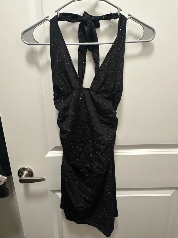 Black Glitter Halter Mini Dress - Image 3
