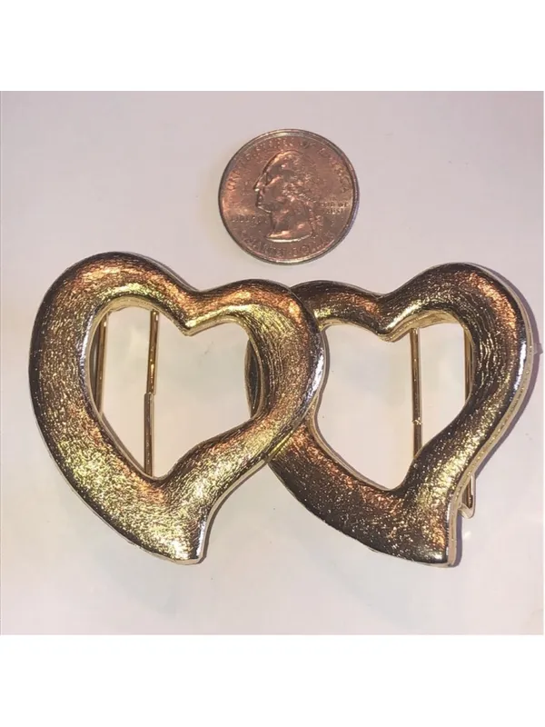 Vintage Brushed Soft Gold Tone Double Heart Retro Boho Belt Buckle - Image 2