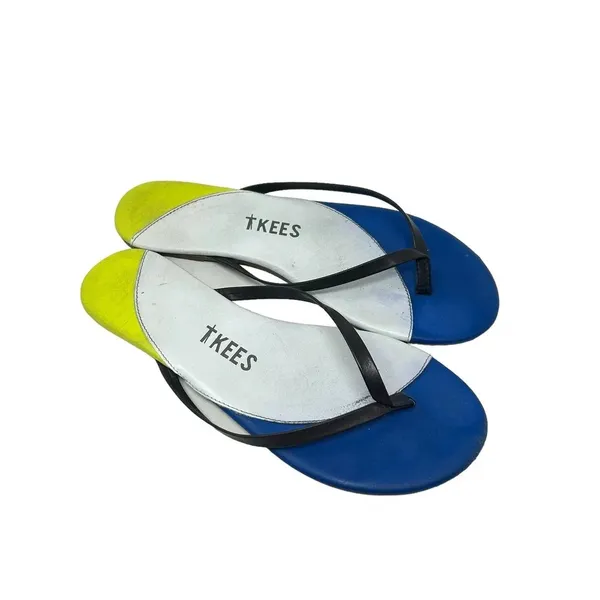 TKEES Neon‎ Yellow & Blue Colorblock Leather Thong Sandal Flip Flops Size US 8 - Image 4
