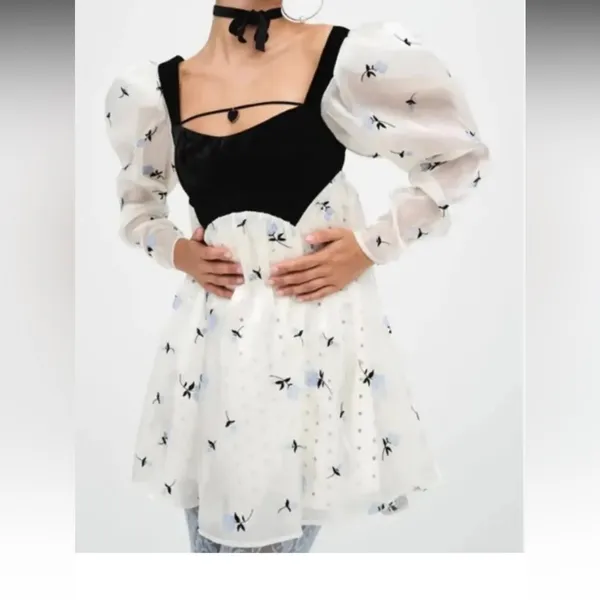For Love and Lemons Marcella mini dress puff sleeve NWT babydoll sheer velvet - Image 14