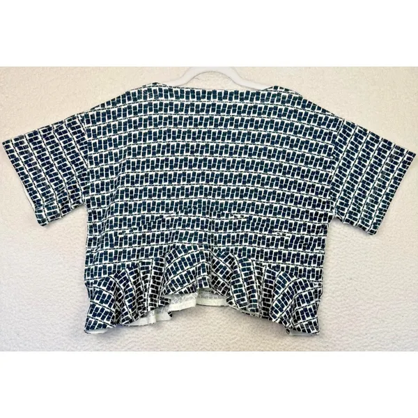 Anthropologie Blouse Womens XS Deep Green‎ Geometric Ruffle Hem Cropped V Neck - Image 3