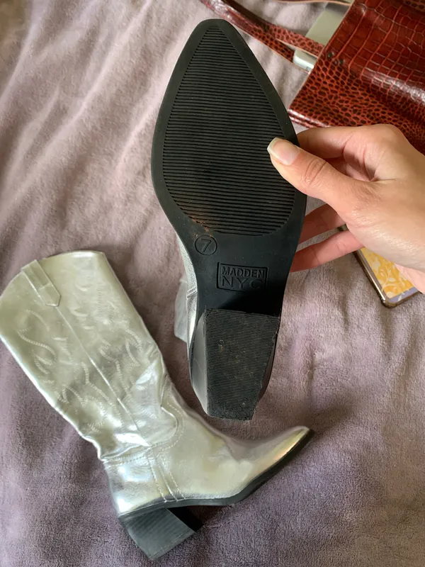 Madden Girl Madden NYC by Steve Madden Metallic Silver Etched Mid Calf Western Boots - Image 10